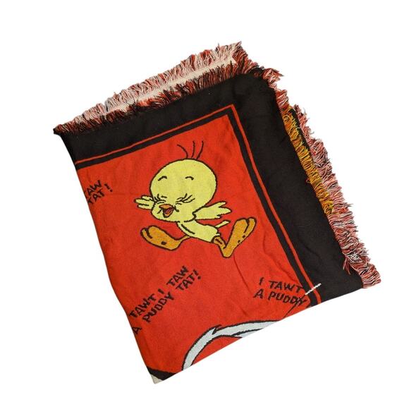 Vintage 1993 I Tawt I Taw A Puddy Tweety Bird Sylvester Blanket - Picture 4 of 6
